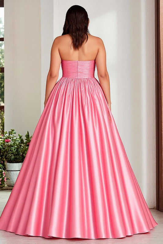 Pink A Line Pleated Strapless Plus Size Prom Dress with Slit