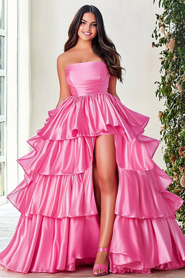 Pink Satin Ball Gown Tiered Strapless Plus Size Prom Dress with Slit
