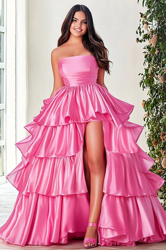 Pink Satin Ball Gown Tiered Strapless Plus Size Prom Dress with Slit