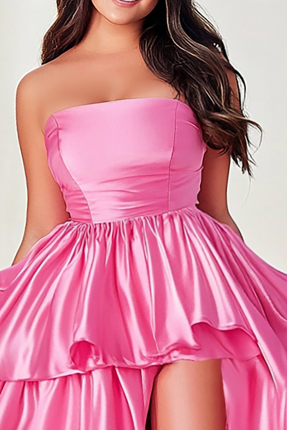 Pink Satin Ball Gown Tiered Strapless Plus Size Prom Dress with Slit Pink Satin Ball Gown Tiered Strapless Plus Size Prom Dress with Slit