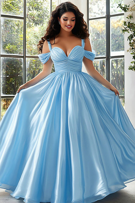Sky Blue Cold Shoulder Satin A Line Long Plus Size Prom Dress