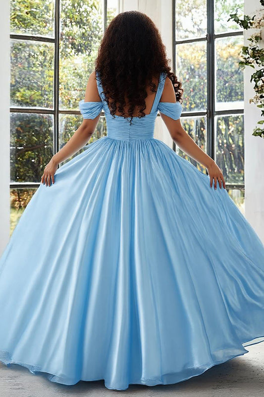 Sky Blue Cold Shoulder Satin A Line Long Plus Size Prom Dress