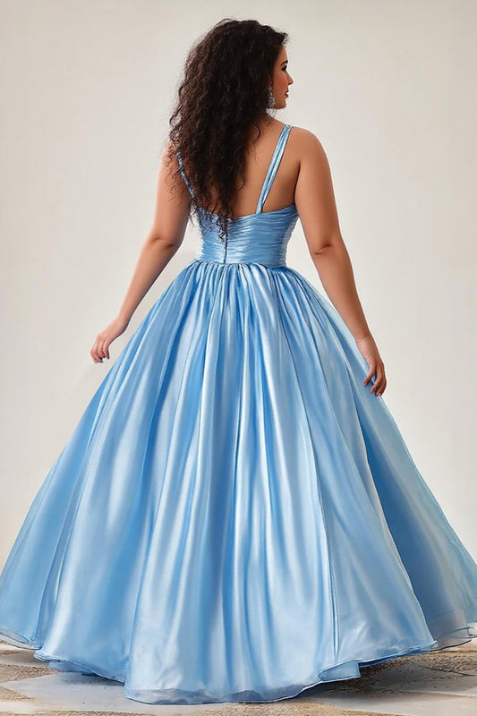 Sky Blue A Line Keyhole Spaghetti Straps Long Plus Size Prom Dress