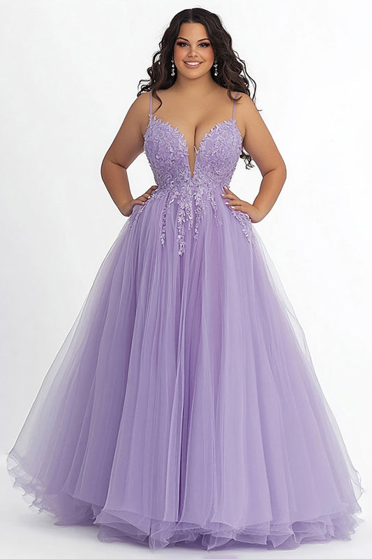 Lilac A Line Spaghetti Straps Long Prom Dress with Appliques