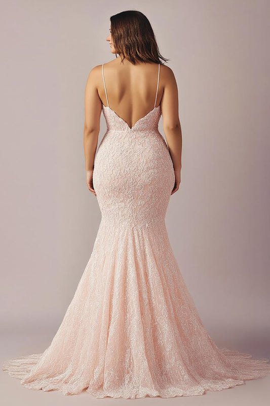 Pink Lace Spaghetti Straps Long Mermaid Prom Dress with Slit