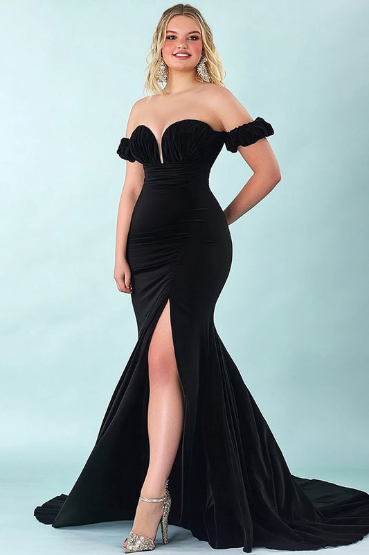 Black Mermaid Satin Long Plus Size Prom Dress with Slit