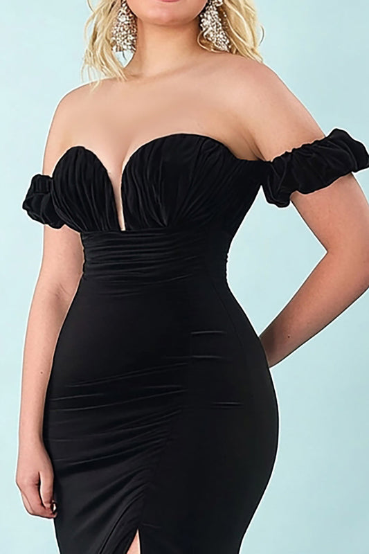 Black Mermaid Satin Long Plus Size Prom Dress with Slit