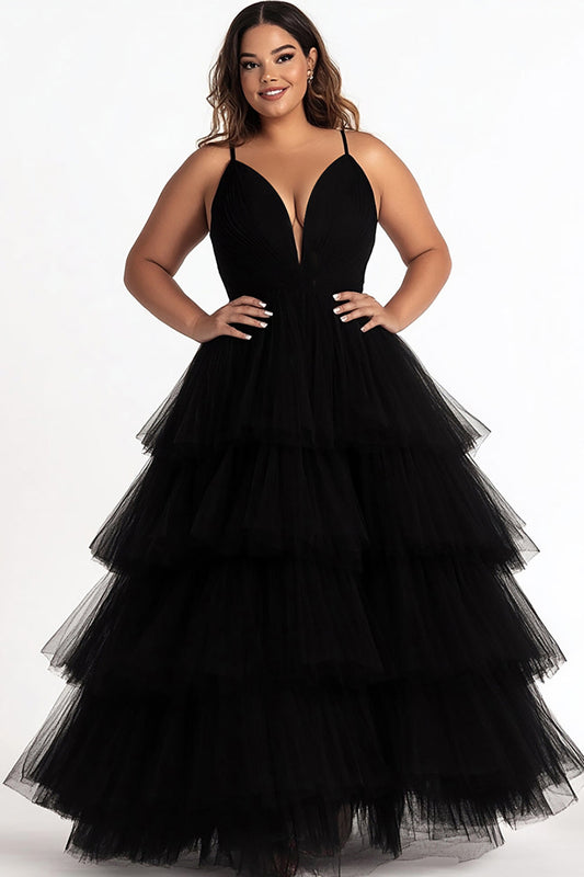 Simple Black Tiered V-Neck A Line Plus Size Prom Dress