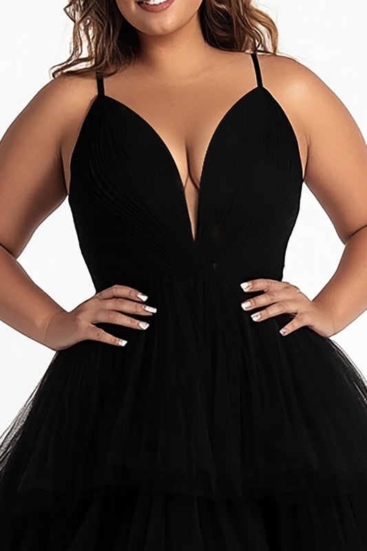 Simple Black Tiered V-Neck A Line Plus Size Prom Dress