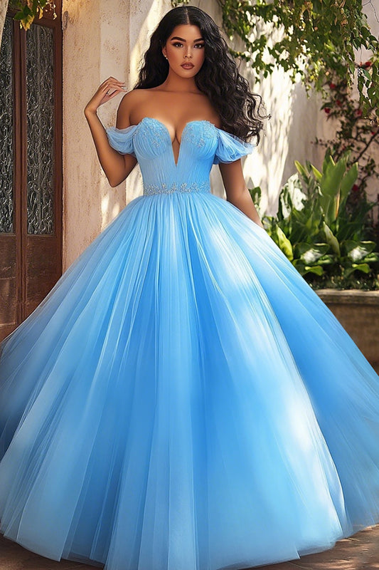 Sky Blue Off the Shoulder Long Ball Gown Plus Size Prom Dress
