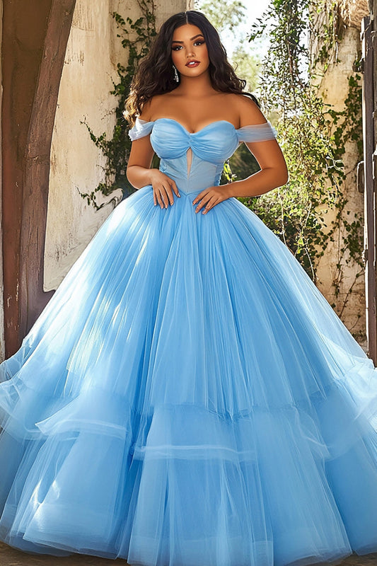 Sky Blue Ball Gown Off the Shoulder Long Plus Size Prom Dress