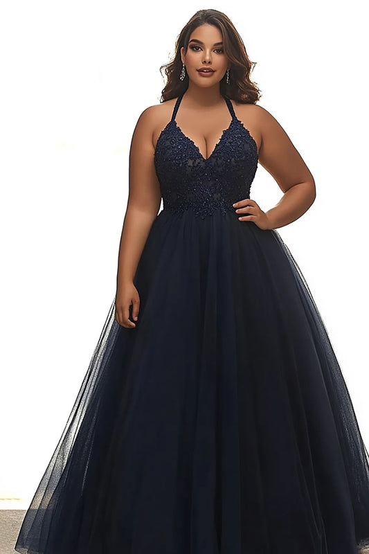 Navy A Line Plus Size Halter Neck Long Prom Dress with Appliques