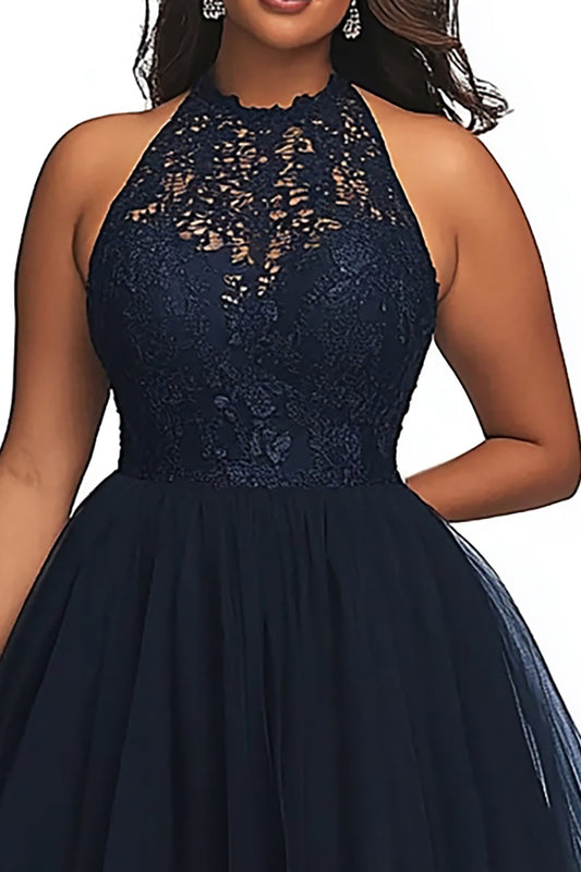 A Line Navy Illusion Neck Plus Size Long Prom Dress with Appliques