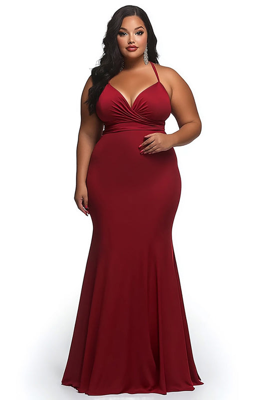 Red Satin Spaghetti Straps Sheath Long Plus Size Prom Dress
