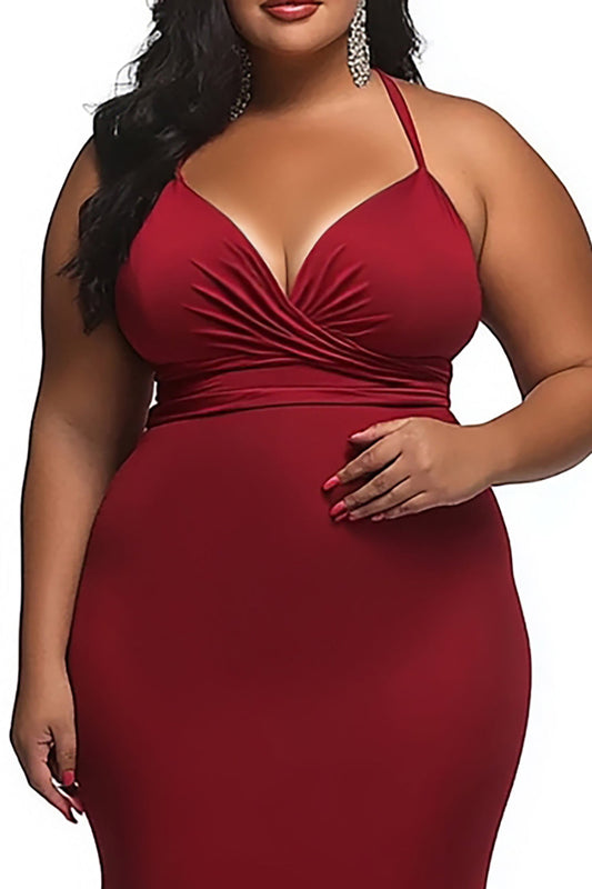 Red Satin Spaghetti Straps Sheath Long Plus Size Prom Dress