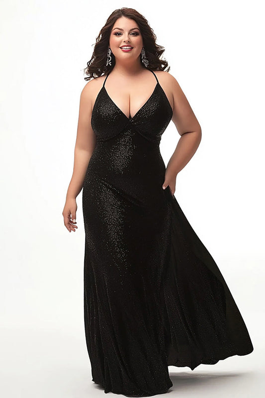 Simple Black Halter Sheath Plus Size Long Prom Dress