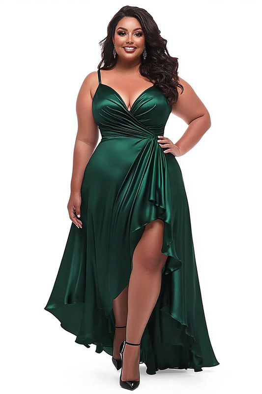 Dark Green Satin Spaghetti Straps Long Plus Size Prom Dress