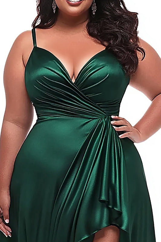 Dark Green Satin Spaghetti Straps Long Plus Size Prom Dress
