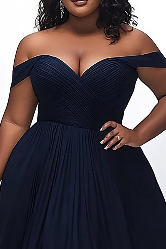 Navy Off the Shoulder Sweetheart A Line Plus Size Prom Dress