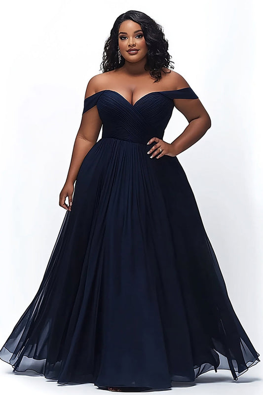 Navy Off the Shoulder Sweetheart A Line Plus Size Prom Dress