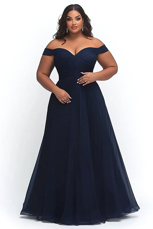 Simple A Line Navy Off the Shoulder Long Plus Size Prom Dress