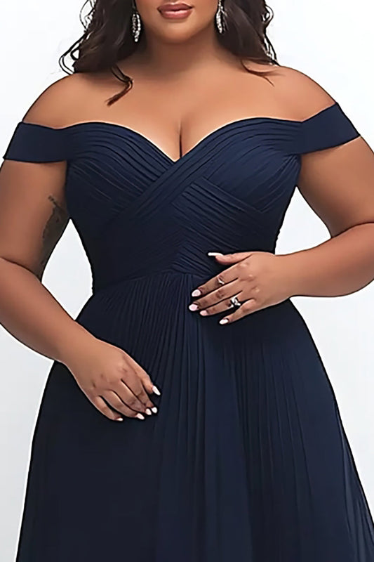 Simple A Line Navy Off the Shoulder Long Plus Size Prom Dress