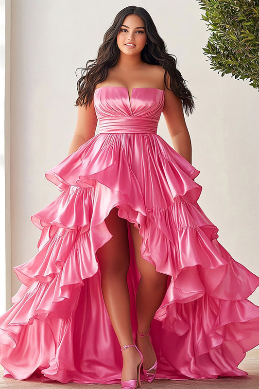Pink Strapless A Line Ruffles High Low Plus Size Prom Dress
