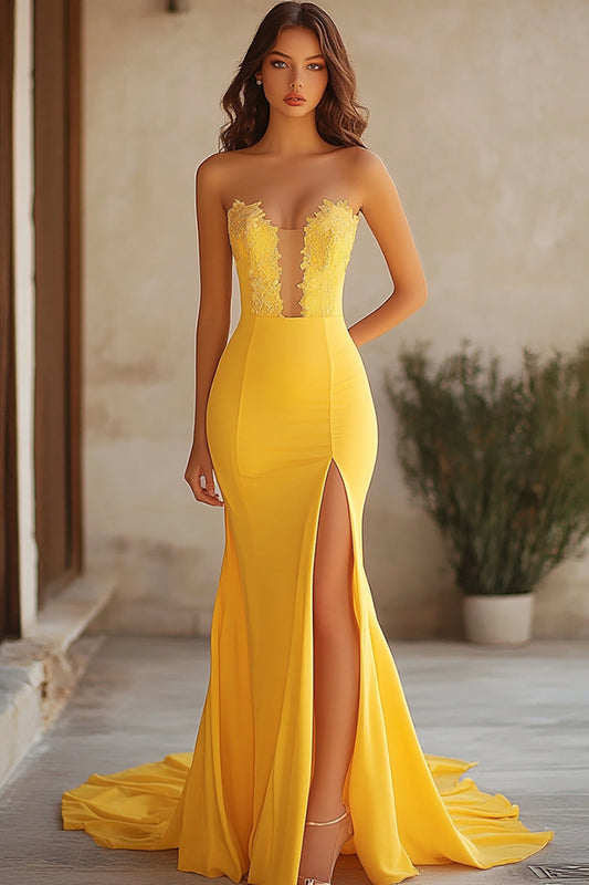 Yellow Chiffon Strapless Long Mermaid Prom Dress with Slit