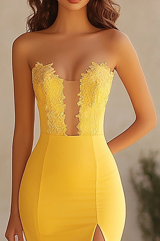 Yellow Chiffon Strapless Long Mermaid Prom Dress with Slit
