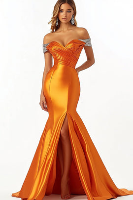 Sparkly Orange Satin Off the Shoulder Long Mermaid Prom Dress with Slit