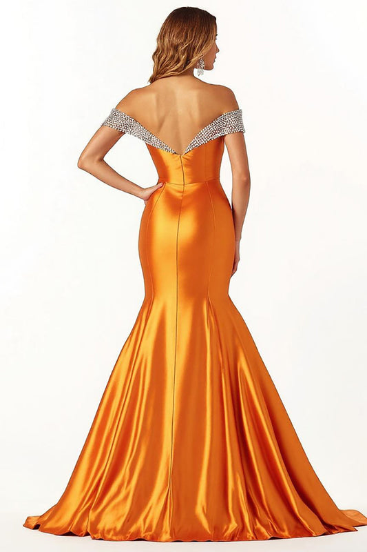 Sparkly Orange Satin Off the Shoulder Long Mermaid Prom Dress with Slit