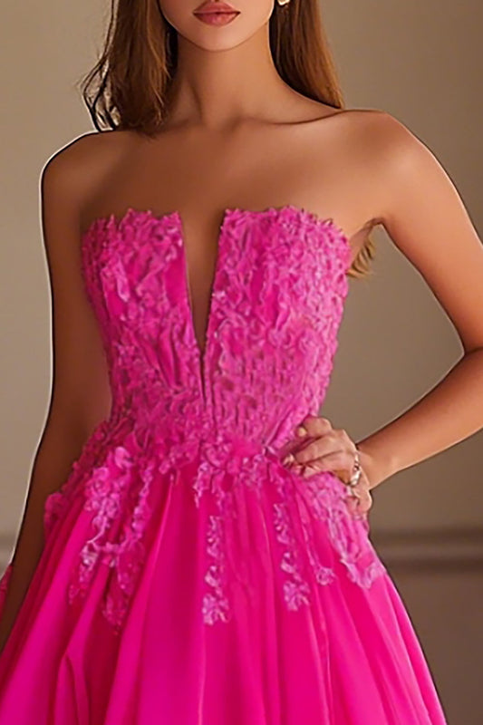 Fuchsia Ball Gown Satin Strapless Long Prom Dress with Lace