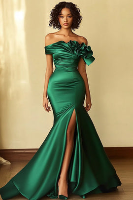 Dark Green Mermaid Off the Shoulder Long Prom Dress with Slit