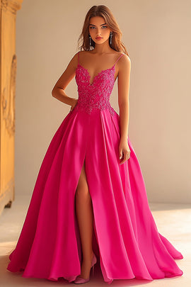 Fuchsia Lace Spaghetti Straps Long Ball Gown Prom Dress with Slit
