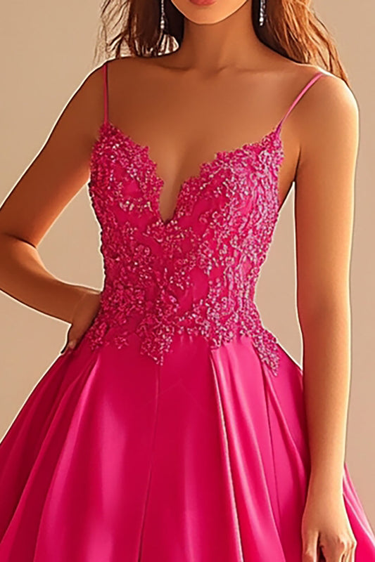 Fuchsia Lace Spaghetti Straps Long Ball Gown Prom Dress with Slit