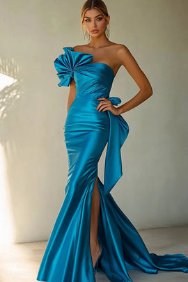 Royal Blue Satin Mermaid One Shoulder Long Prom Dress with Slit