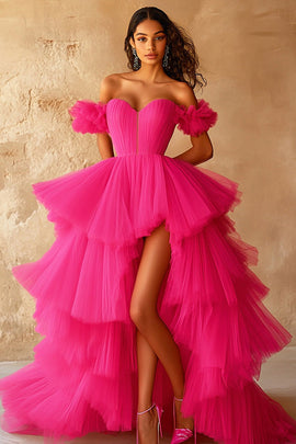 Fuchsia Off the Shoulder High-Low Ball Gown Prom Dress with Ruffles