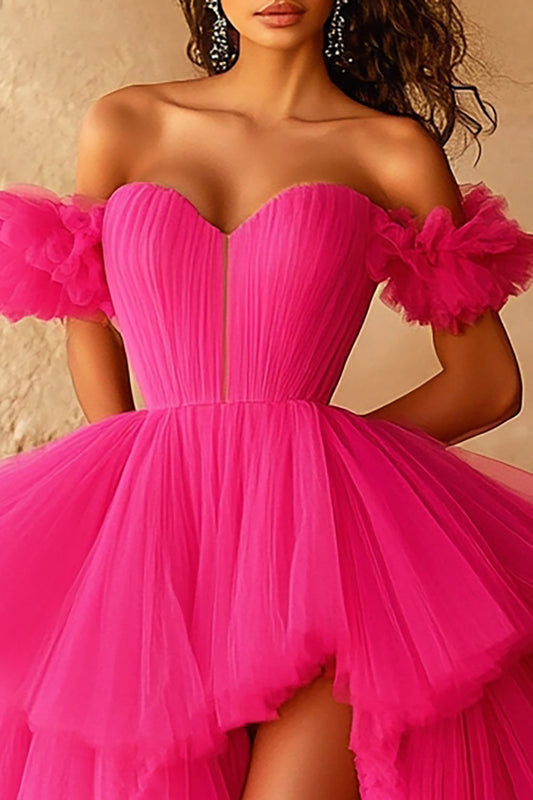 Fuchsia Off the Shoulder High-Low Ball Gown Prom Dress with Ruffles