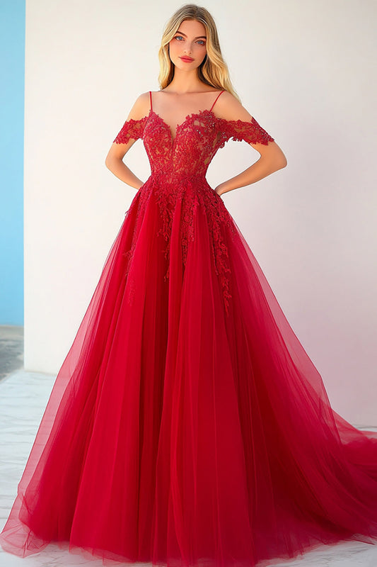 Red Tulle Ball Gown Cold Shoulder Long Prom Dress with Lace