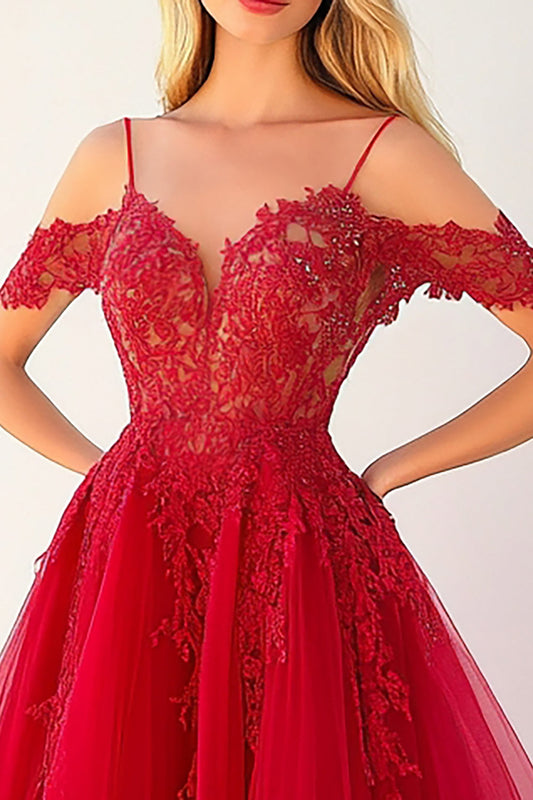 Red Tulle Ball Gown Cold Shoulder Long Prom Dress with Lace