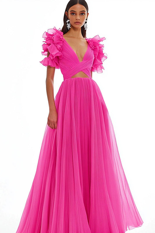 Fuchsia A Line Tulle Cut Out Long Prom Dress with Ruffles
