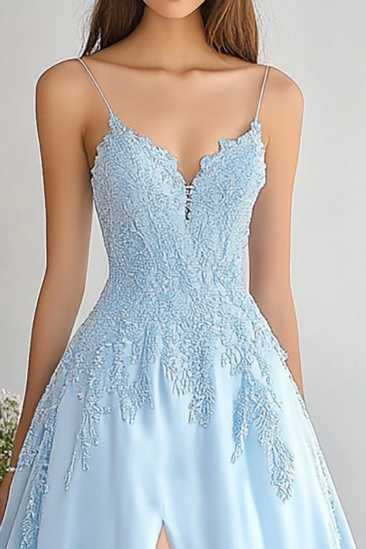 Sky Blue Organza Lace V-Neck Long A-Line Prom Dress with Slit