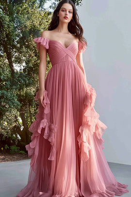 Dusty Rose A Line Chiffon Off The Shoulder Long Prom Dress with Ruffles