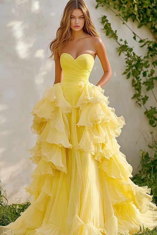 Daffodil Organza Strapless Long Ball Gown Prom Dress with Ruffles