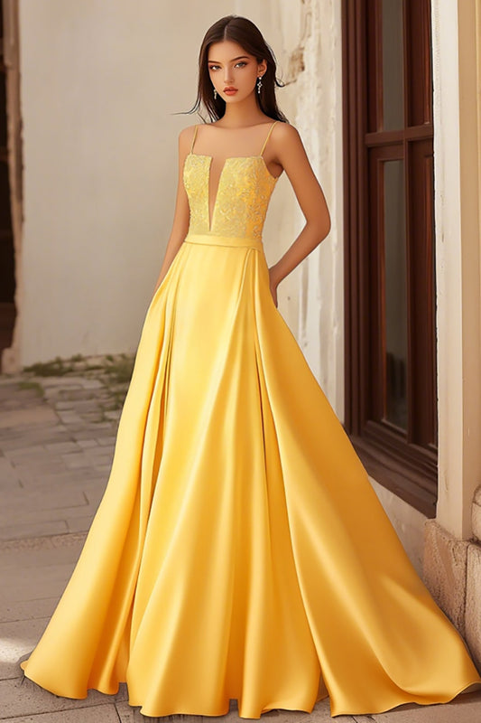 Yellow A-Line Satin Spaghetti Straps Long Prom Dress with Lace