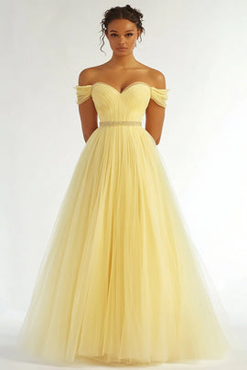 Daffodil Ball Gown Organza Off The Shoulder Long Prom Dress with Beading