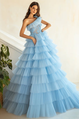 Sky Blue Ball Gown One Shoulder Long Tiered Prom Dress with Ruffles