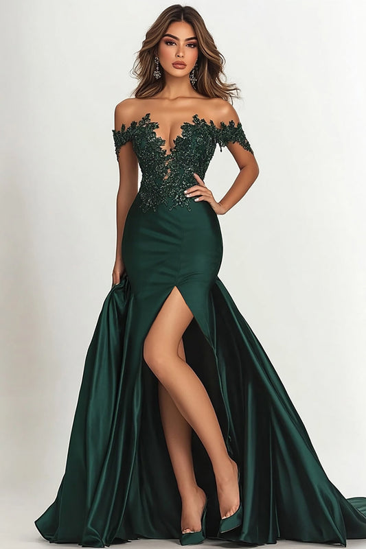 Zapakasa Women Dark Green Mermaid Satin Long Prom Dress with Slit Off The Shoulder Lace Evening Dress