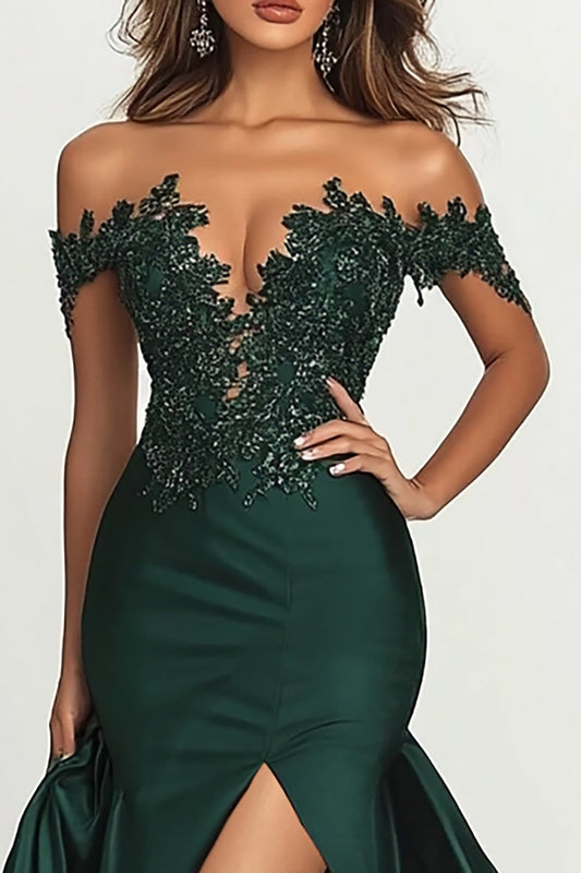 Dark Green Mermaid Satin Off The Shoulder Long Prom Dress with Slit