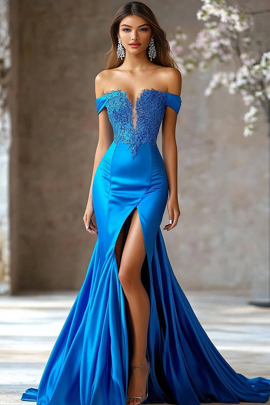 Royal Blue Satin Long Prom Dress with Slit Mermaid Lace Off the Shoulder Formal Dress with Appliques